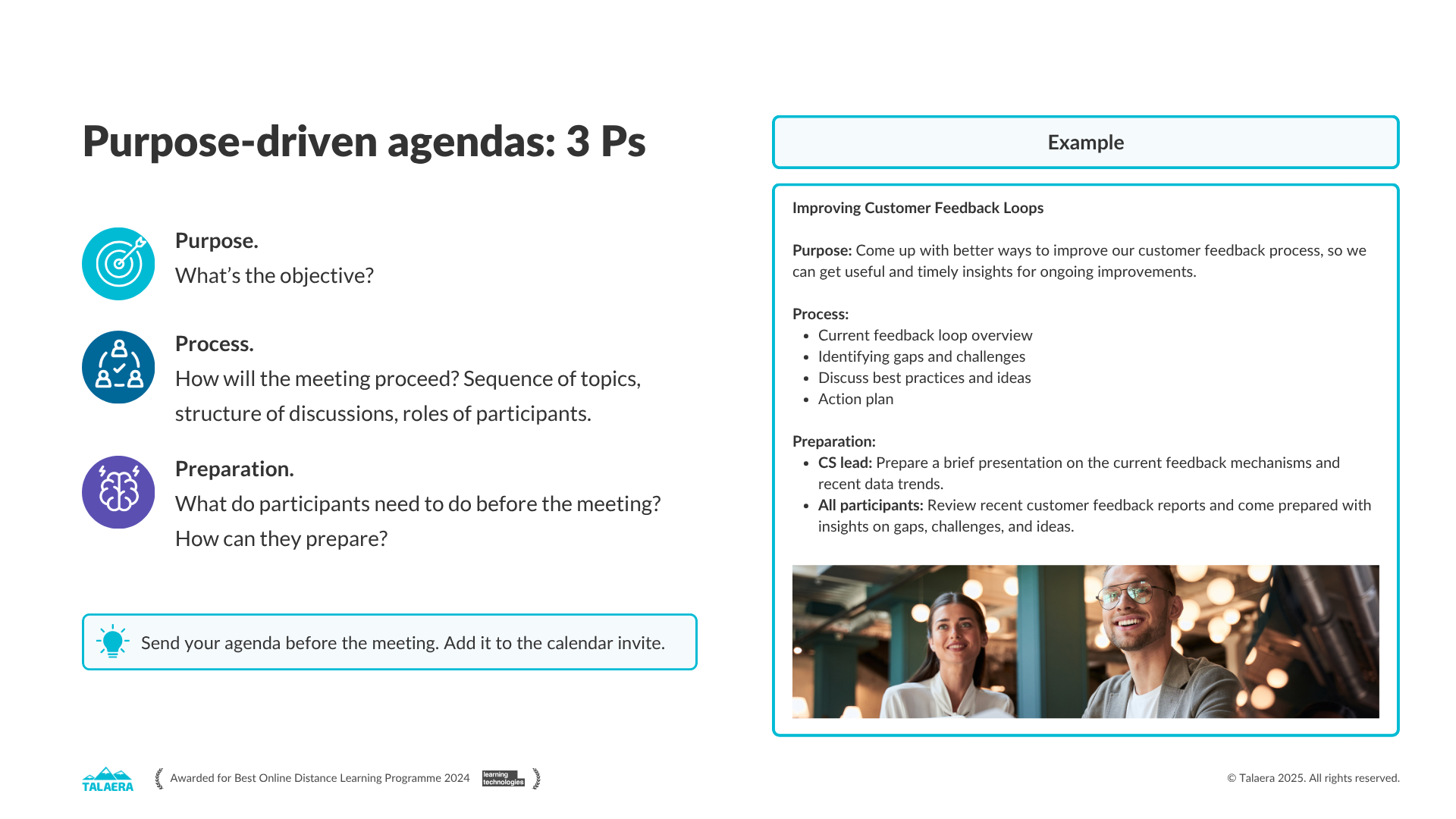 Purpose-driven agendas infographic details 3 Ps: Purpose, Process, and Preparation. Includes text example and smiling people with a suggestion to send agendas early.