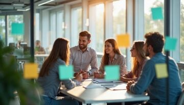 Five people converse around a table in a bright office with colorful sticky notes on glass walls. The mood is collaborative and cheerful.
