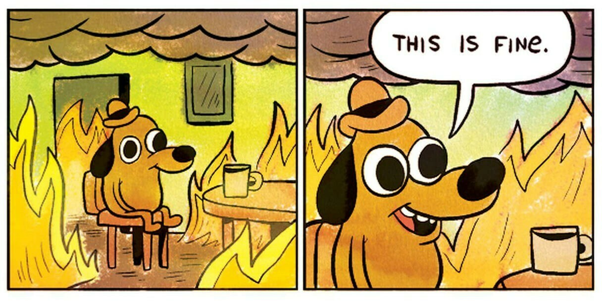 Comic of dog calmly sitting in a room on fire.