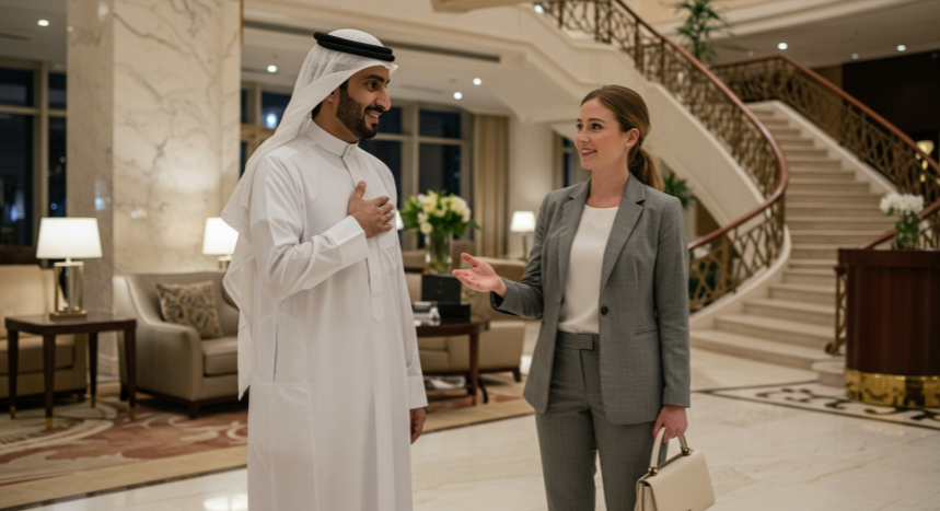Man in white thobe and woman in gray suit conversing in elegant lobby with marble floors, grand staircase, and plush seating.