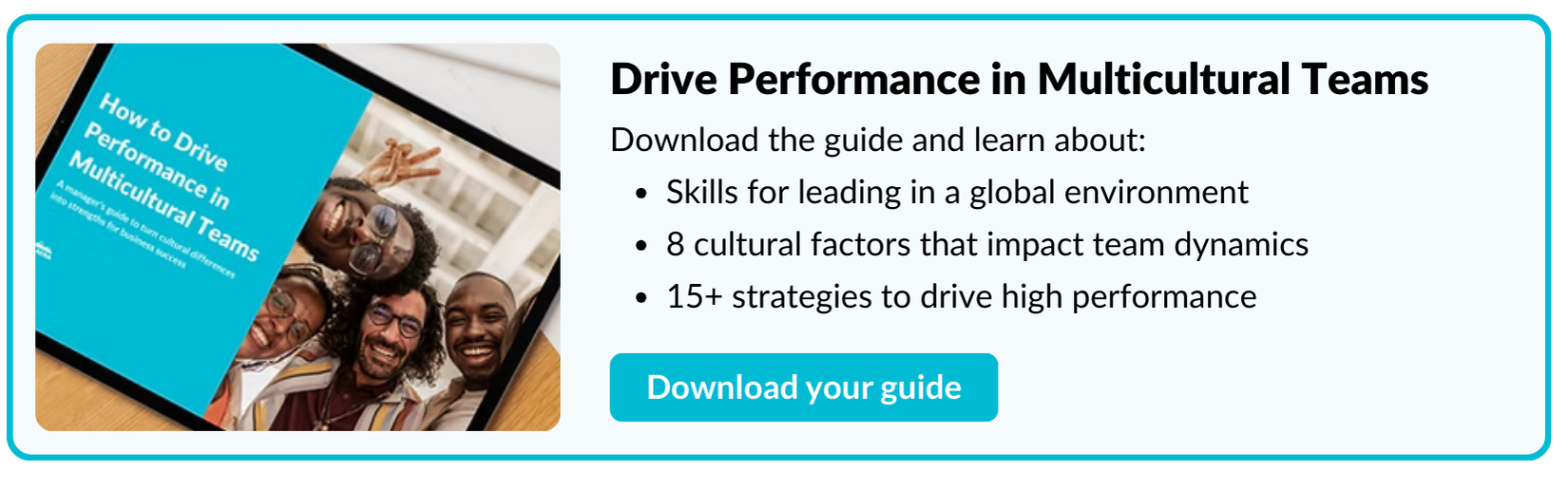 Guide titled 'How to Drive Performance in Multicultural Teams'; smiling group photo and download button. Blue, white, and beige color scheme.