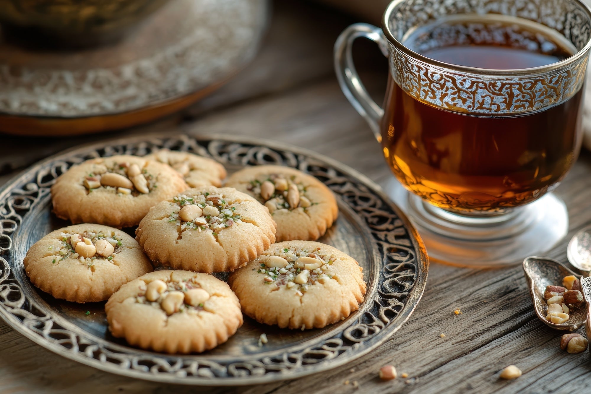 Plate of nut-topped cookies beside a decorative glass of tea on a wooden table. 