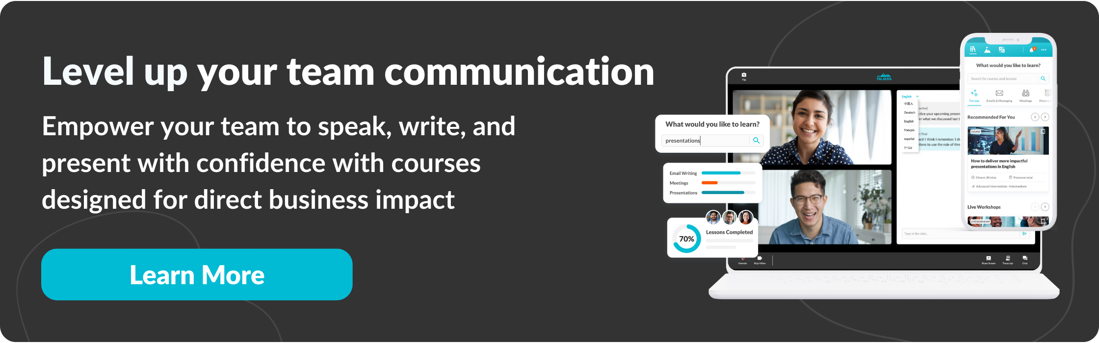 Online platform showing virtual communication courses with interactive features, laptop, and phone interface. Text: "Level up your team communication."