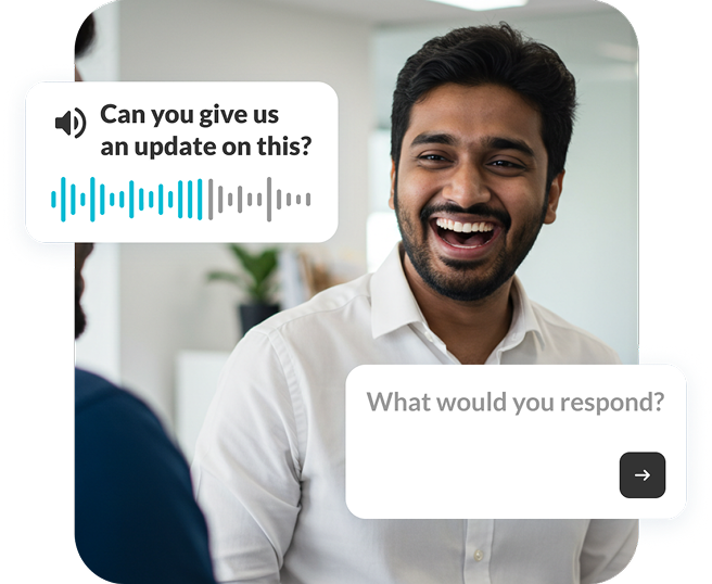 Man in a white shirt smiling indoors. Speech bubbles read, "Can you give us an update on this?" and "What would you respond?"