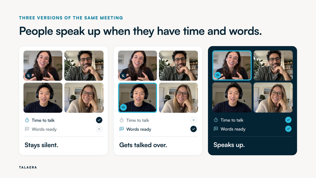 Three meeting scenes showing that an employee who has time to talk but no words ready stays silent, one with words ready but no time to talk gets talked over, and one with both speaks up.