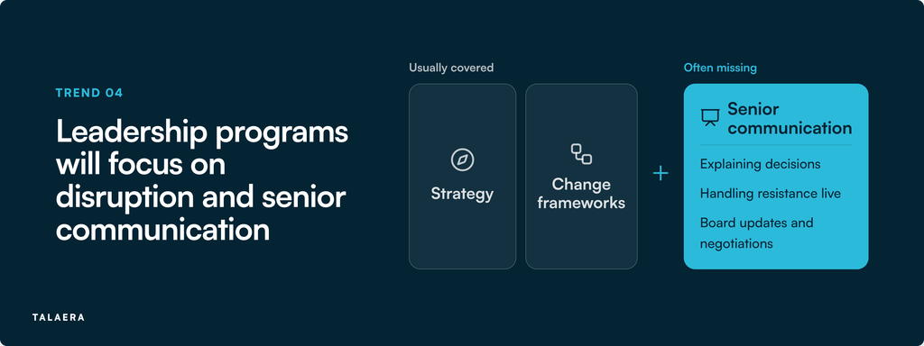 L&D trends 2027: Leadership programs usually cover strategy and change frameworks, and often miss senior communication such as explaining decisions, handling resistance and board updates.